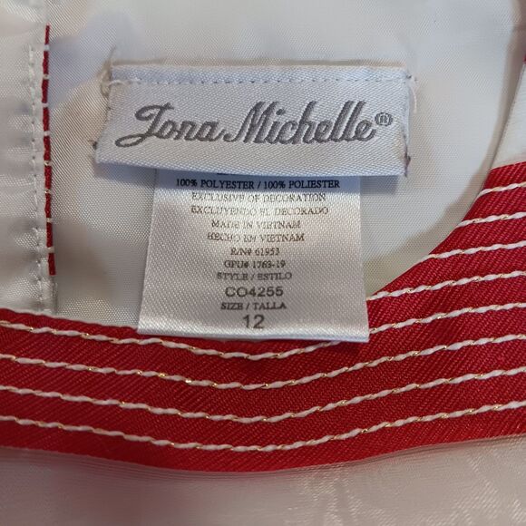 Jona Michelle Red White Stripe Party Dress Sleeveless with Faux Fur Shrug Sz 12 - Picture 11 of 13
